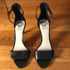 Vince Camuto black leather 3” ankle strap sandals